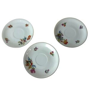 Vintage Dresden Pirken Hammer Demitasse Saucer Set of 3 Floral White Gold rim